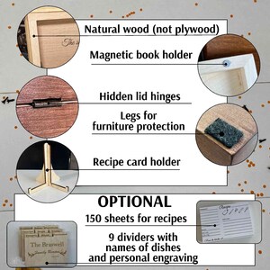 K&ouml;nnte beinhalten: Eine Rezeptbox aus Holz mit magnetischem Verschluss, versteckten Scharnieren und Filzf&uuml;&szlig;en. Die Box ist aus Naturholz gefertigt und verf&uuml;gt &uuml;ber einen Rezeptkartenhalter. Optional sind 150 Bl&auml;tter f&uuml;r Rezepte, 9 Trennw&auml;nde mit Namen von Gerichten und eine pers&ouml;nliche Gravur erh&auml;ltlich.