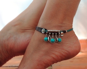 ankles for women, turquoise anklet, shell anklet, leather ankle bracelet, summer jewelry