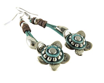 floral earrings, leather long earrings , flower jewelry, spring earrings