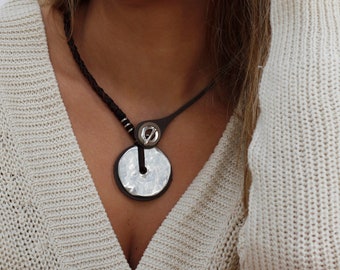 Braided Leather Necklace, Large Circle Pendant, Boho Style