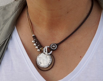 boho pendant necklace for women, fall jewelry, leather choker necklace, mom gifts
