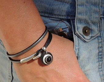 Dainty Leather Wrap Bracelet: Silvered Black Cord, Charm Detail