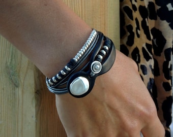 Black Leather Wrap Bracelet: Silver Cord, Women's Jewelry