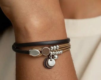 Handmade Boho Leather Wrap Bracelet, Gold Silver Beads, Double Layered Jewelry