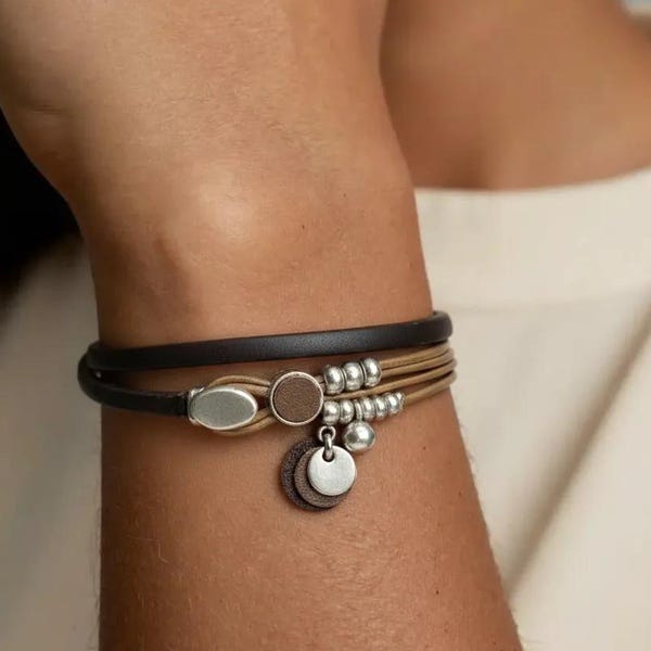 Bracelet en cuir bohème fait main, perles argentées dorées, bijoux double épaisseur