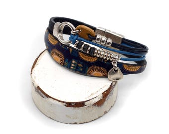 Blue Mustard Navy Leather Cuff Bracelet, Colorful Print, Silver Tone Details