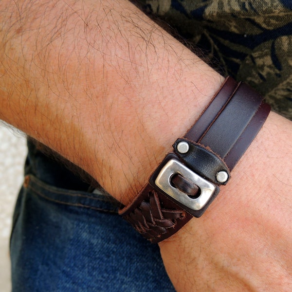 pulsera ancha hombre, brazalete trenzado de cuero, pulseras para hombre