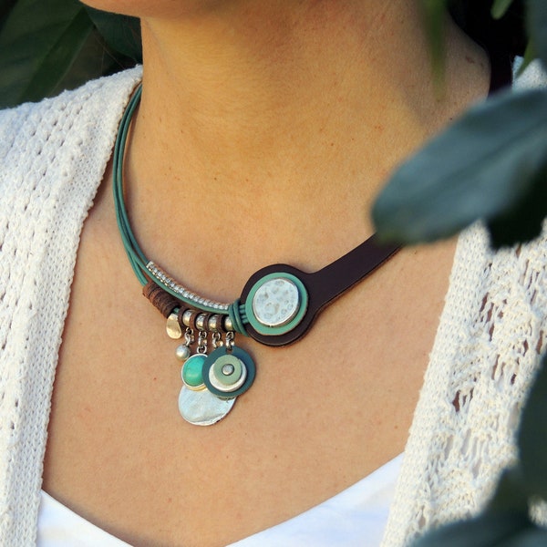 turquoise necklaces for women, leather choker, statement necklace, turquoise jewelry