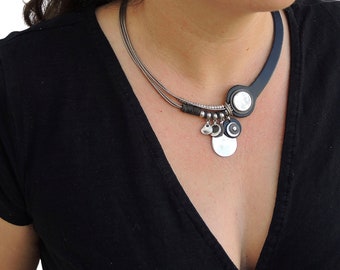 black leather necklace for woman, black leather choker, statement jewelry