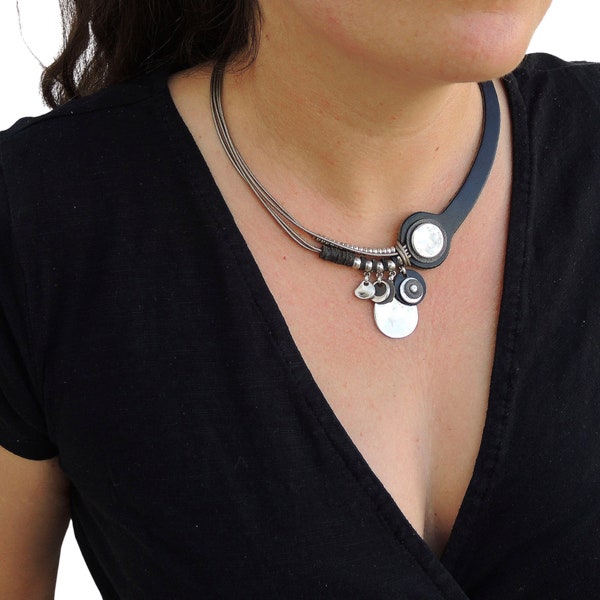 black leather necklace for woman, black leather choker, statement jewelry