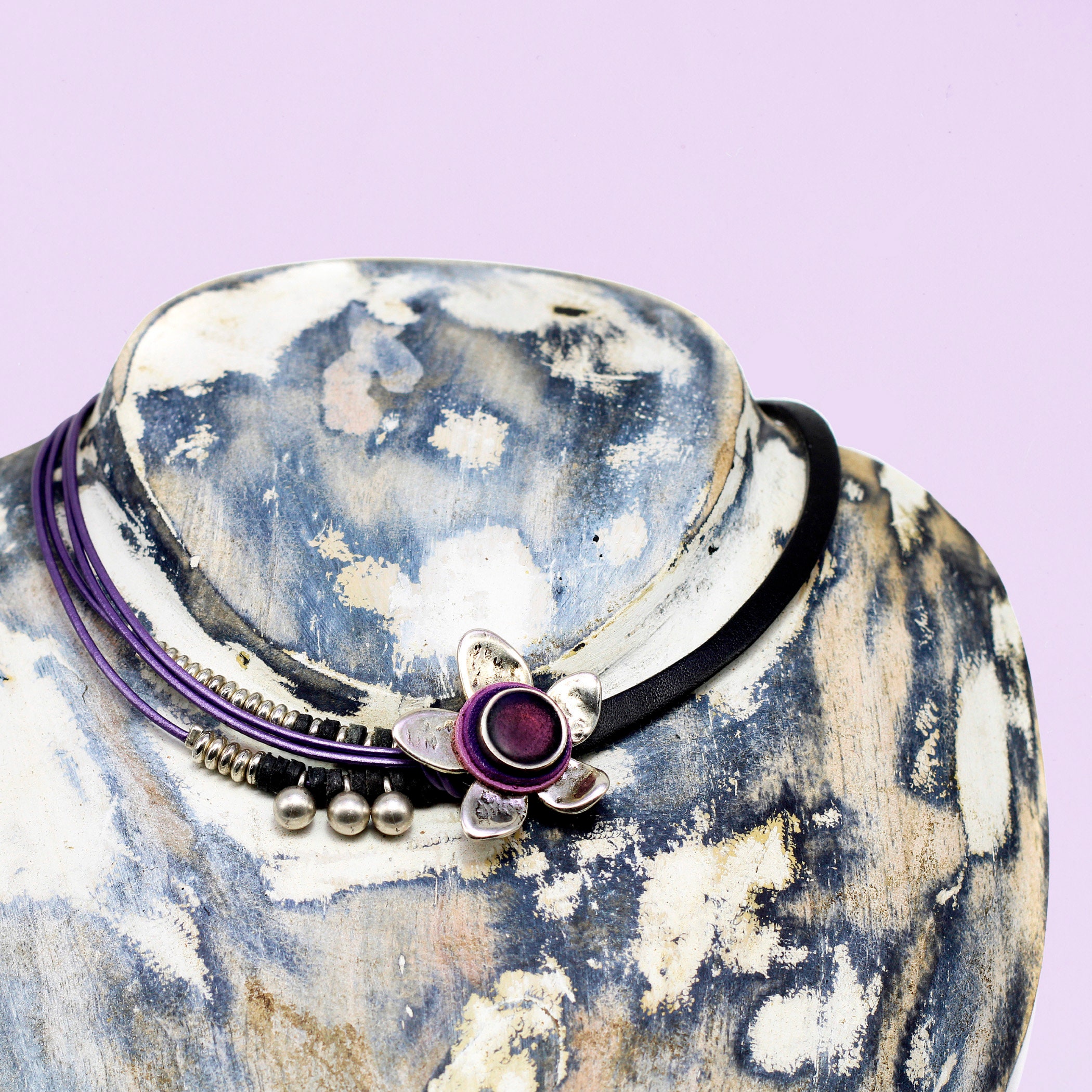 purple flower necklace for women, handmade jewelry ,leather choker necklace, purple jewelry , cute gift for her