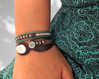 Bohemian Leather Wrap Bracelet: Turquoise Cord & Silver Detail