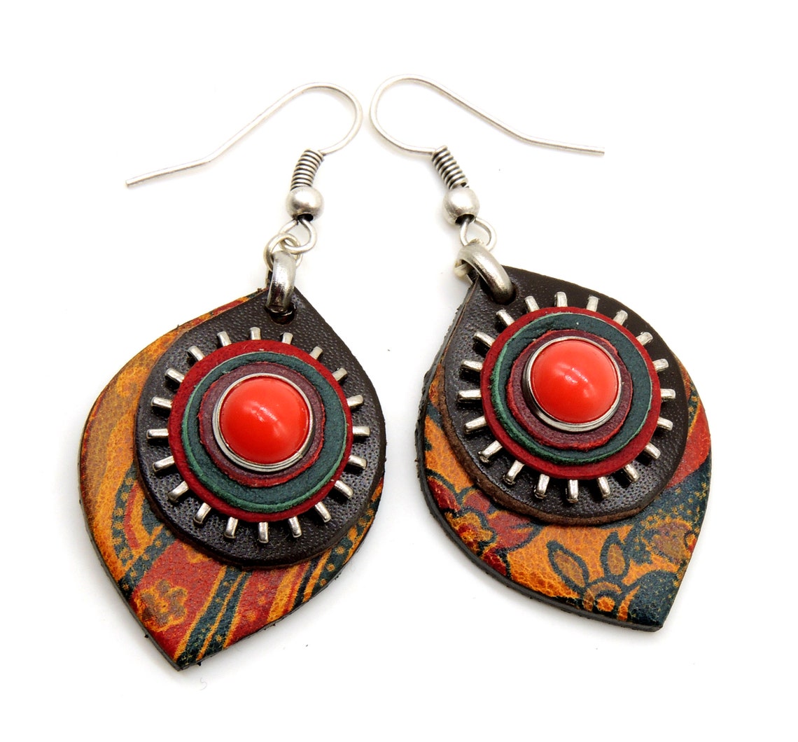 Boho leather jewelry boho earrings dangle colorful leather Etsy