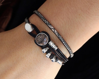 wrap bracelet for women , unique gifts for her, leather jewelry,  black and white bracelet