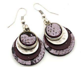 Handmade Leather Dangle Earrings: Purple & Black Boho Style