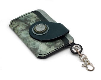 Leather Cardholder with Keyring: Handmade Green & Black Wallet