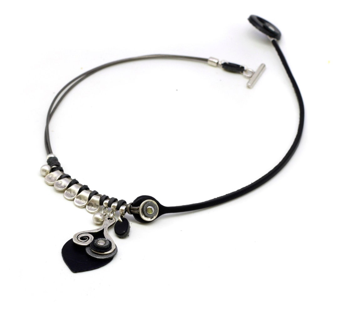 Black Leather Choker Necklace: Silver Spiral Pendant, Boho Chic - Etsy