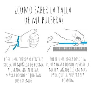 May include: Diagram showing how to measure a wrist for a bracelet. The text in Spanish explains how to measure the wrist with a string and ruler. The image shows a hand with a blue string wrapped around the wrist and a ruler.