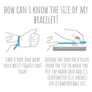 May include: Diagram showing how to measure wrist size for a bracelet. Text reads: "How can I know the size of my bracelet?" Instructions include wrapping a rope around the wrist and measuring it with a ruler, adding 1.5 centimetres.
