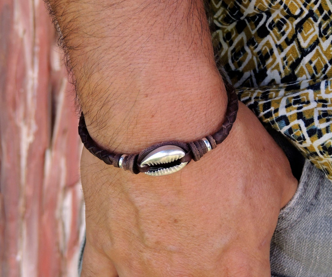 Leather Bracelet With Shell , Surfer Bracelet, Leather