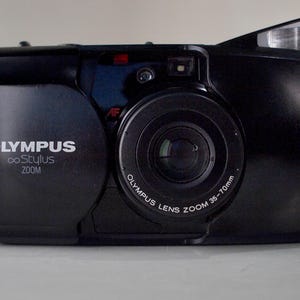 Black Olympus Stylus Epic Zoom 70 [mju:] Point and Shoot 35mm Film Camera 35-70mm Zoom + Wrist Strap + Battery - Film Tested + Free Shipping