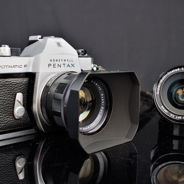 Pentax Spotmatic F 35mm Film Camera with Super Takumar  55mm f1.8 and 28mm f3.5 lenses + Sunshade - Fully functional
