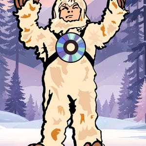 May include: A cartoon illustration of a white yeti wearing a blue and white disc on its chest. The yeti is standing on a snowy background with pine trees in the distance.
