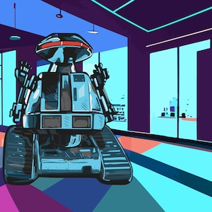 May include: A blue and silver robot with a red visor and black treads is standing in a hallway with large windows. The robot has a rectangular body and two arms with hands. The robot is facing the viewer and appears to be waving.