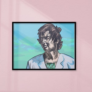 May include: A digital art illustration of a person with brown hair wearing a white jacket against a blue and green background.