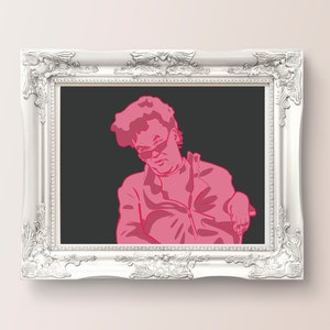 Könnte beinhalten: Eine rosa Silhouette einer Person mit Sonnenbrille und Jacke vor schwarzem Hintergrund. Die Person sitzt auf einem Stuhl mit verschränkten Armen.