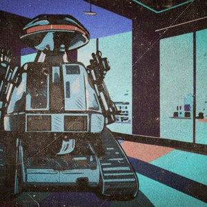 May include: A blue and gray robot with a red stripe on its head, walking through a hallway with teal and purple walls. The robot has a rectangular body and two arms with hands. It is on tracks and has a large, round head.