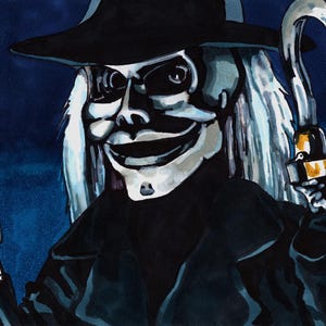 May include: Watercolor painting of a puppet-like figure with a sinister grin, wearing a black hat and coat. It holds a silver knife in one hand and a silver hook in the other, both with gold accents. The background is a dark blue.