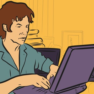 May include: A person sitting at a desk using a laptop computer. The person is wearing a blue shirt and has brown hair. The laptop is open and the screen is visible. There are books stacked in the background.