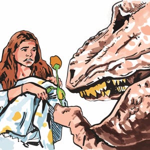 Könnte beinhalten: Eine Illustration im Comic-Stil zeigt eine Frau im Pyjama, die einer dinosaurierartigen Kreatur eine Blume anbietet. Die Frau hat lange braune Haare und einen besorgten Gesichtsausdruck. Die Kreatur hat ein zahniges Grinsen und eine raue, strukturierte Haut.
