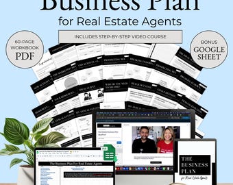 Könnte beinhalten: Ein Businessplan für Immobilienmakler, mit einem 60-seitigen PDF-Arbeitsbuch und einem Google Sheet-Bonus. Das Bild zeigt einen Laptop, einen Desktop-Computer und ein Tablet, die den Plan anzeigen, sowie eine Kaffeetasse und eine Pflanze.