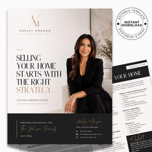 Peut inclure: Un modèle de présentation immobilière avec le texte Selling Your Home Starts With The Right Strategy, Ashley Morgan Real Estate et des coordonnées. Le document inclut une photographie d'un professionnel portant un blazer noir.