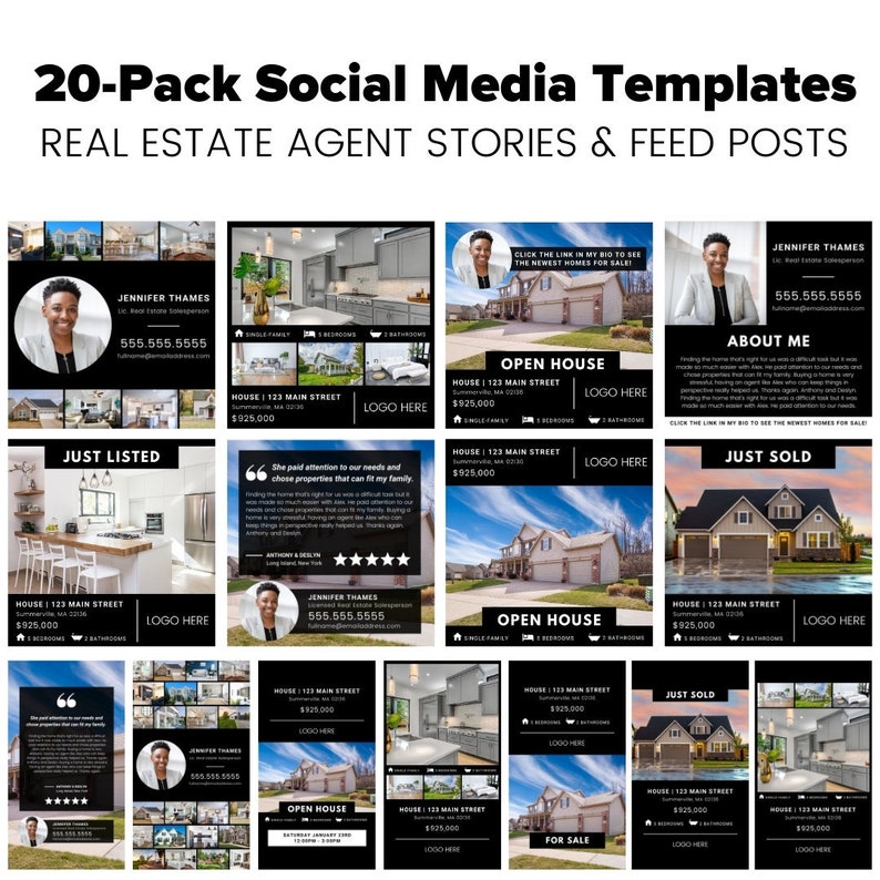 Real Estate Agent Social Media Branding Templates 20pack elevated