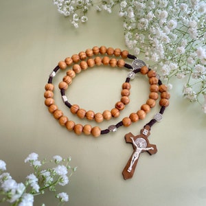 Olive wood rosary St Benedict cross crucifix, handmade catholic prayer 53 beads 10mm, military rosary, habit rosary for men