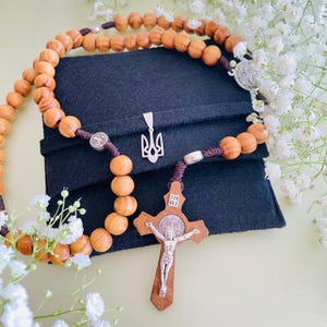 Catholic olive wood rosary with case, wooden catholic rosary for men with St Benedict cross crucifix, wooden rosary 10mm 53 prayer beads