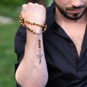Catholic Rosary from Tiger Eye Stone, Chalice Centerpiece, Jewelry Alloy Crucifix, Men&#39;s Prayer Beads Necklace, Religious Gift