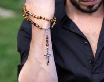 Katholischer Rosenkranz aus Tigeraugenstein, Kelch-Mittelstück, Schmucklegierung Kruzifix, Herrengebetsperlen-Halskette, religiöses Geschenk