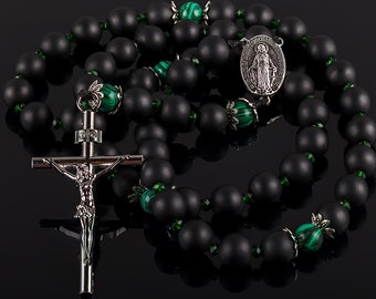 Catholic gemstone rosary, black shungite and green rhinestone prayer chaplet as a pastor or godson baptism gift idea