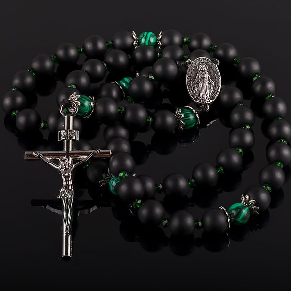 Catholic gemstone rosary, black shungite and green rhinestone prayer chaplet as a pastor or godson baptism gift idea