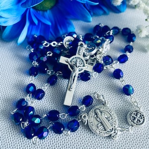 Catholic necklace with cross, blue crystal rosary, catholic crucifix rosary, first communion gift, catholic jewelry gifts, rosary women gift