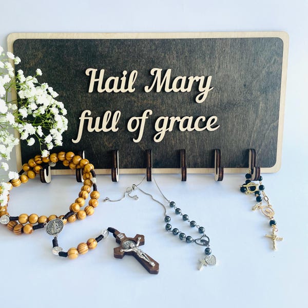 Rosary Holder with Inspirational Message, Handcrafted Wooden Rosary Holder Featuring Hail Mary Quote, Functional Wooden Rosary Stand
