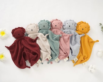 Tiny Alpaca / Manta de seguridad de león de algodón orgánico con mordedor / 30x30CM / Género neutro / Manta para bebés / Regalo de baby shower /
