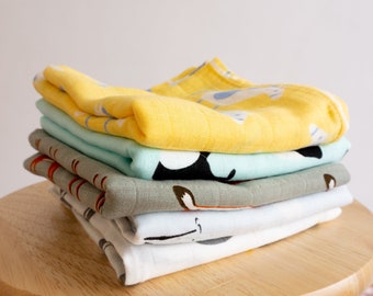 Tiny Alpaca | Pack of 5 | Organic Muslin Squares | Baby Burp Cloths | 60X60CM | Rocking Horse Design