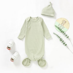 Tiny Alpaca Organic Cotton Newborn Gown With Hat 0-6 Months Gender Neutral Baby Clothes Baby Shower Gift Lime