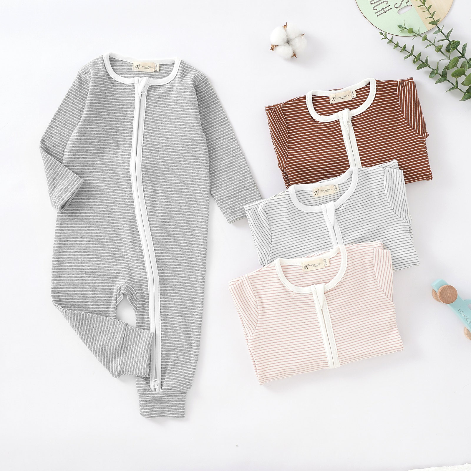 Tiny Alpaca | Organic Cotton Striped Newborn Footless Sleepsuit  | 0-2 Years | Gender Neutral | Baby Clothes | Baby Shower Gift |