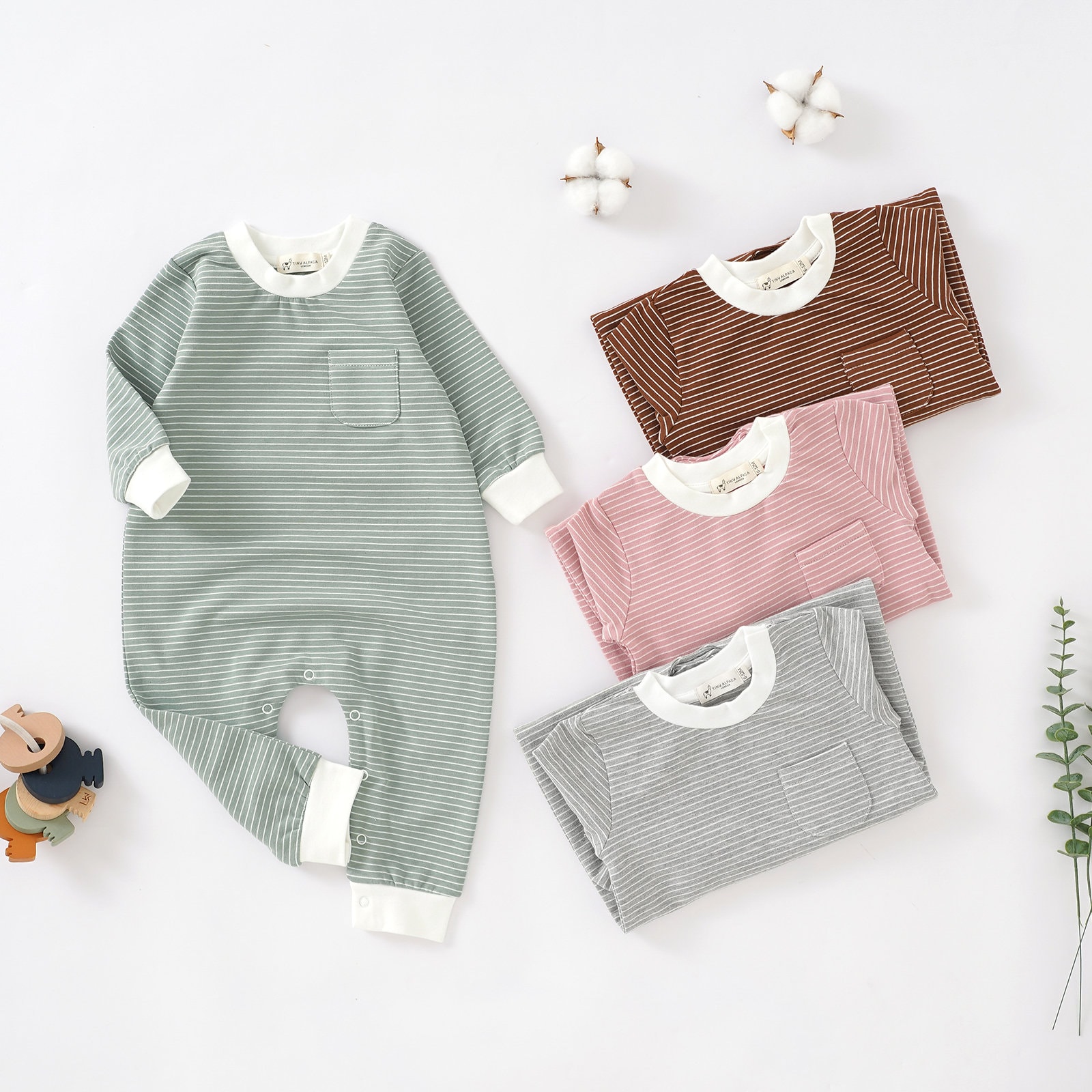 Tiny Alpaca Organic Natural Cotton Baby Striped Jumpsuit 0-2 Years Gender Neutral Baby Rompers Baby Shower Gift
